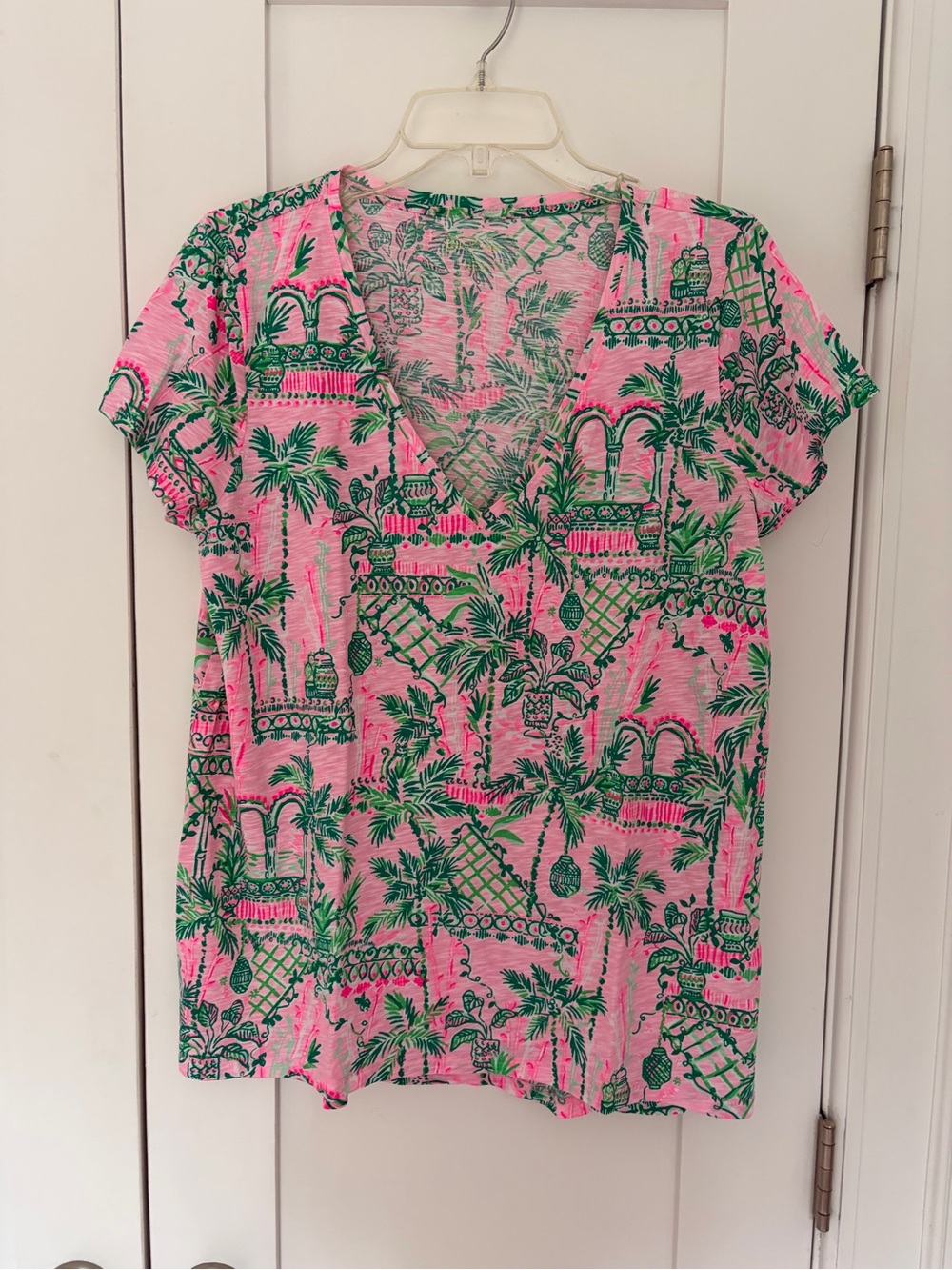 Lilly Pulitzer, pink green V-neck blouse size L